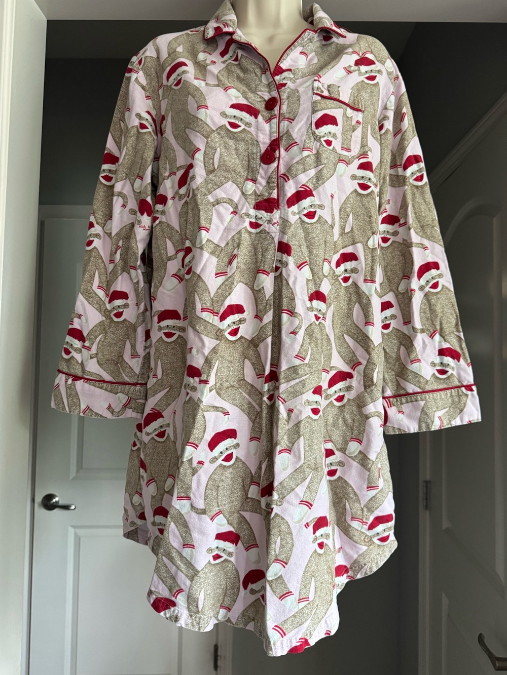 Nick & Nora Sock Monkey Santa Christmas Flannel Sleep Shirt Nightgown Medium